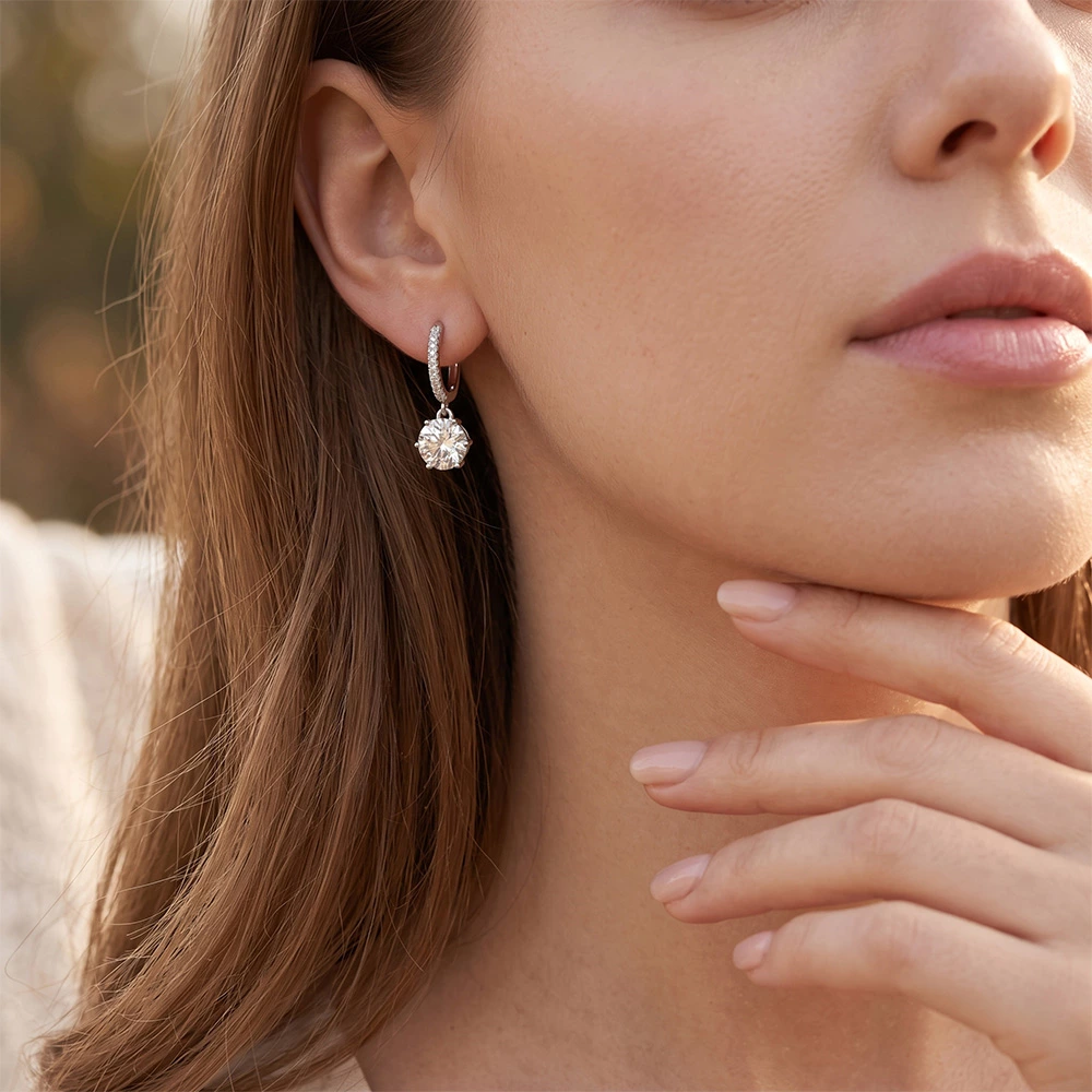 Solitaire Round Man Made Diamond Hoop Drop Earrings Wearing Effect