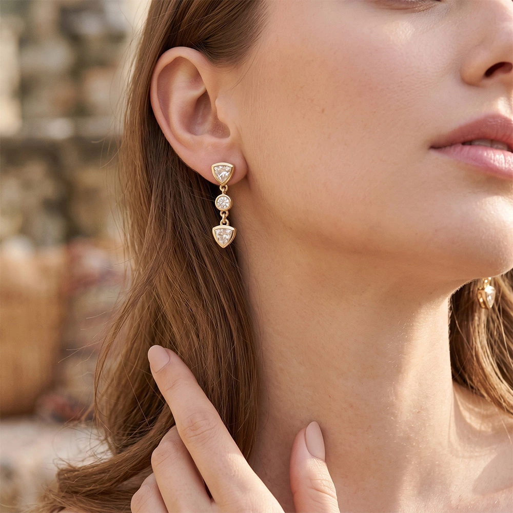 Trillion Cut Lab Diamond Drop Studs Wearing Effect