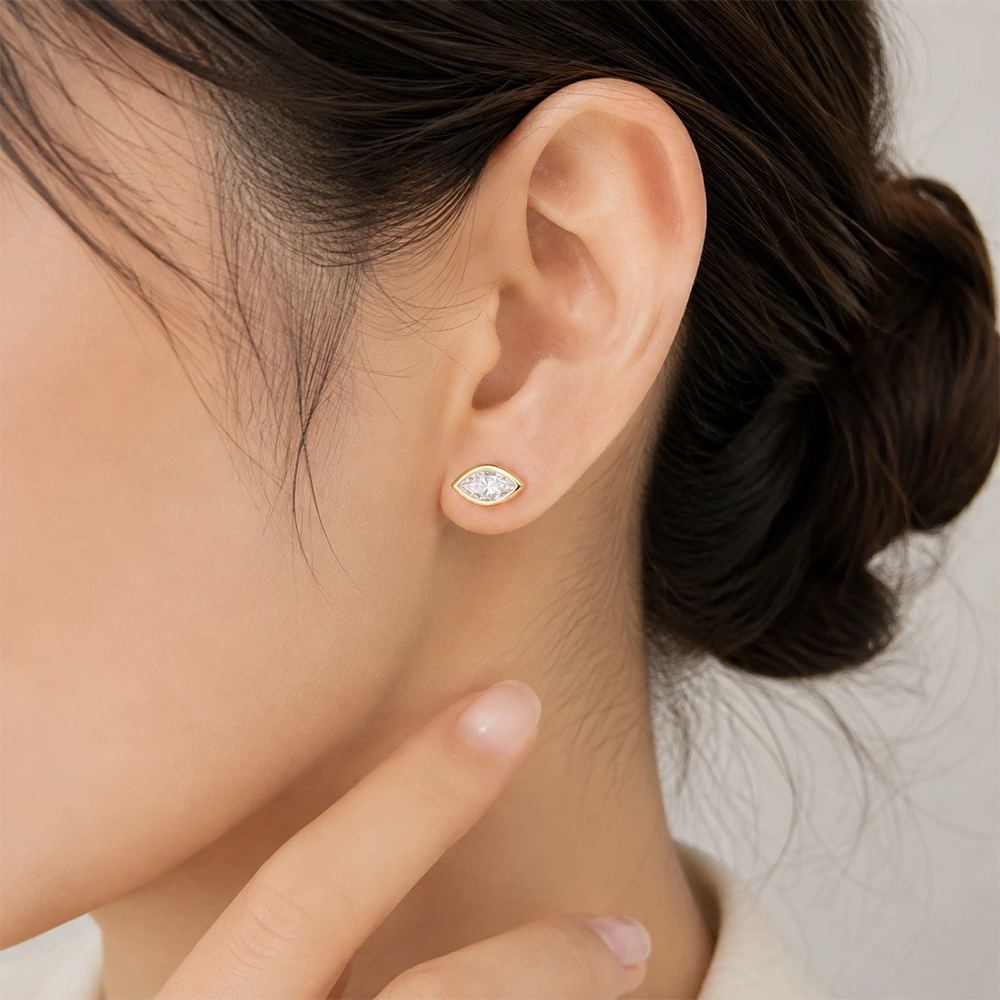 East West Marquise Lab Made Diamond Stud Earrings Wearing Effect