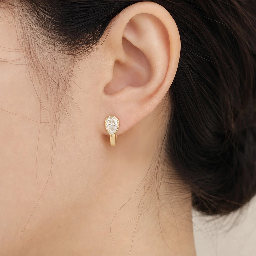 Pear Lab Diamond Solitaire Huggie Hoop Earrings Wearing effect