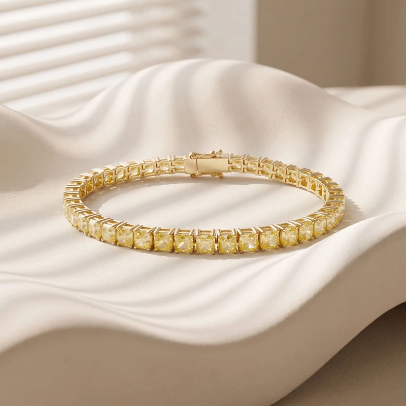 Cushion Cut Yellow Lab Diamond Tennis Bracelet Close Up
