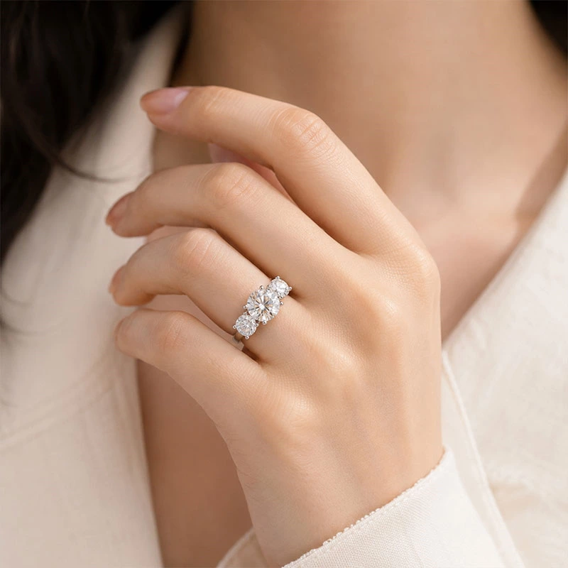 Three Stone Round Lab Grown Diamond Ring Wearing Effect