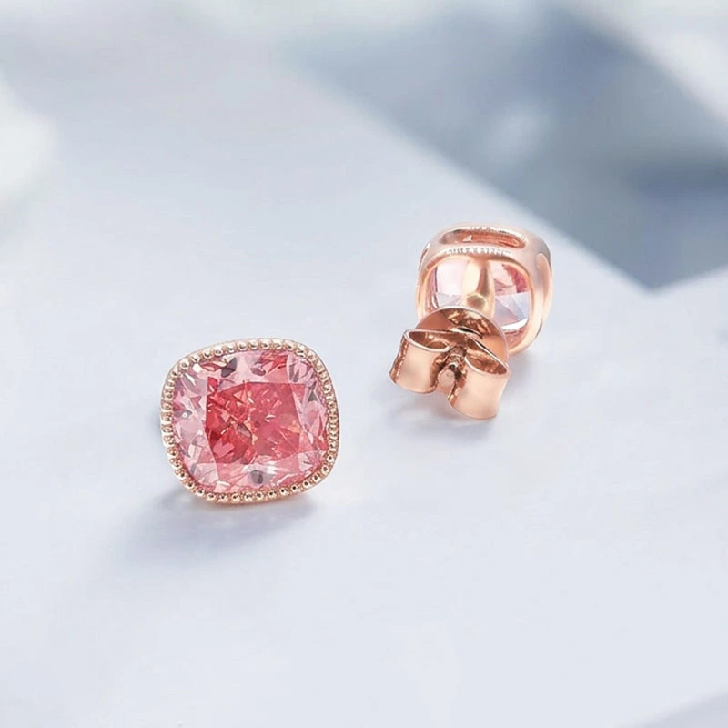 Cushion Cut Pink Lab Diamond Milgrain Halo Studs Close Up