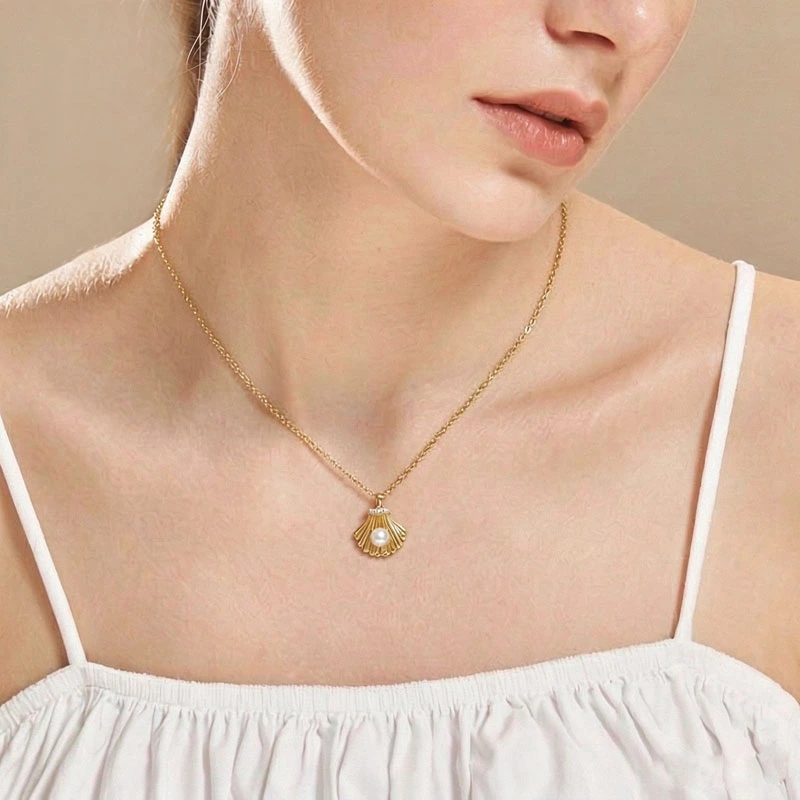 Pearl & Lab Diamond Seashell Pendant Necklace wear effect