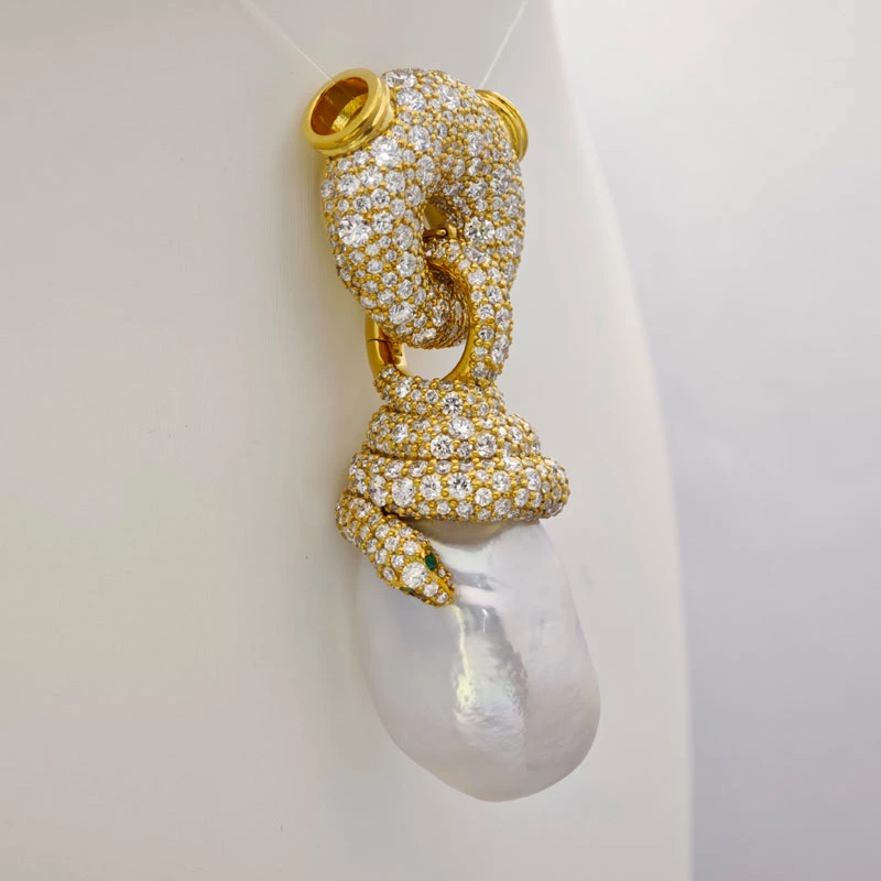 Baroque Pearl Pave Lab Diamond Snake Pendant