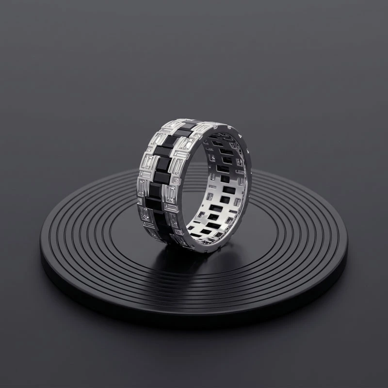 Men's Baguette Lab Diamond Black Stone Band Close Up