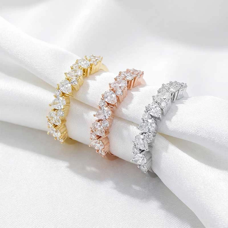 Alternating Pear & Round Lab Diamond Eternity Band in White Gold, Yellow Gold and Rose gold