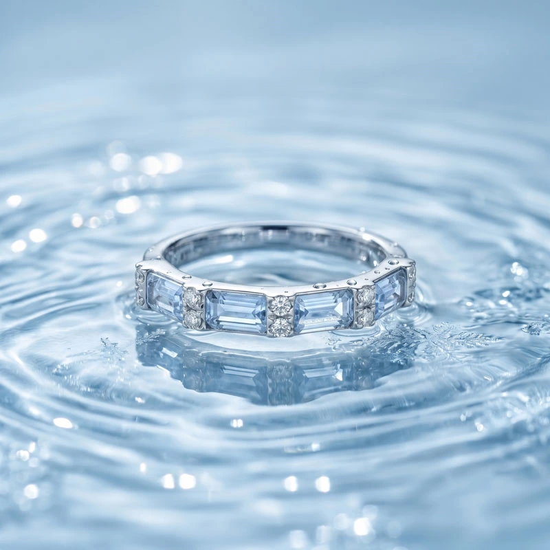 Baguette Blue Gem & Round Lab Diamond Half Eternity Band Ring