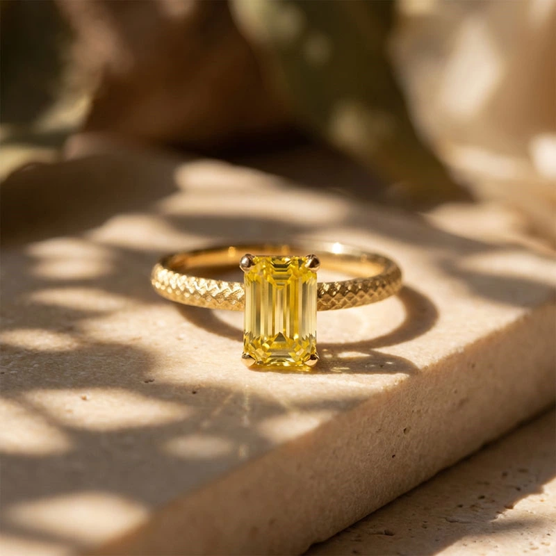 Emerald Yellow Lab Diamond Solitaire Ring with Textured Grid