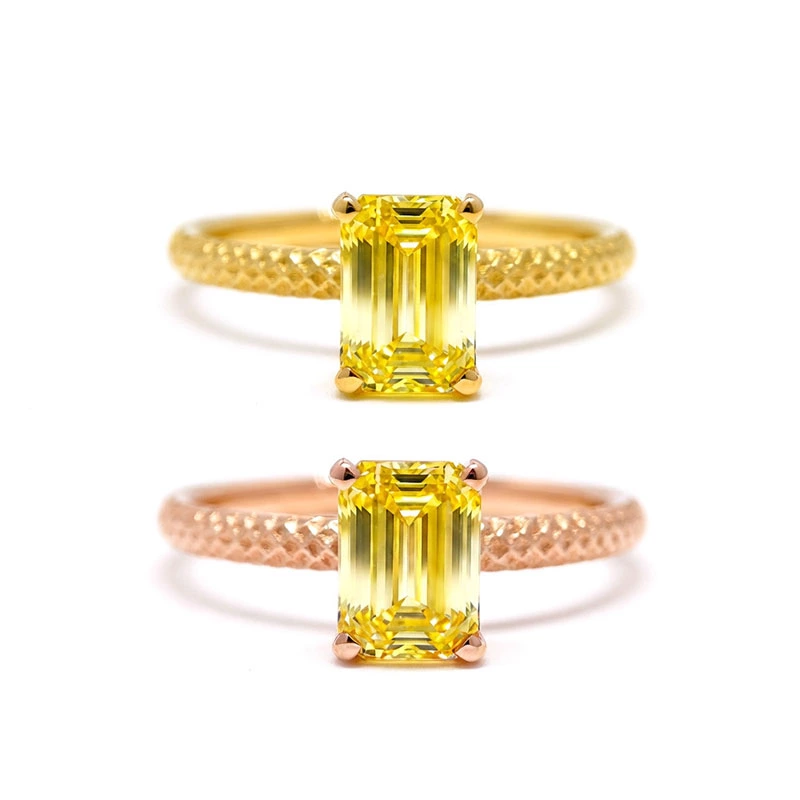 Emerald Yellow Lab Diamond Solitaire Ring Textured Grid in yellow gold and rose gold