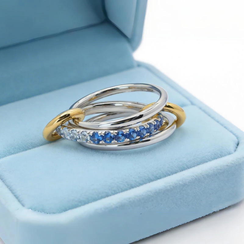 Two-tone Gold Interlocked 3-Band Blue Sapphire Ring in box package