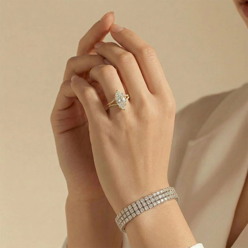 Marquise Cut Lab Diamond half pave Split Shank Hidden Halo Ring Wear Effect