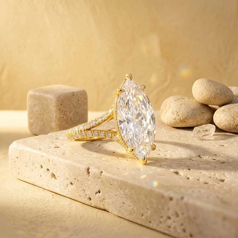 Marquise Cut Lab Diamond half pave Split Shank Hidden Halo Ring Close Up
