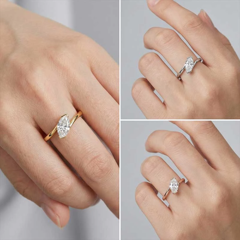 Wearing Effect of Marquise Lab Grown Diamond Solitaire Bypass Ring in yellow gold, white gold, rose gold