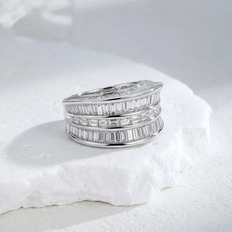Baguette Lab Diamond Half Eternity Curved Wide Band Close Up
