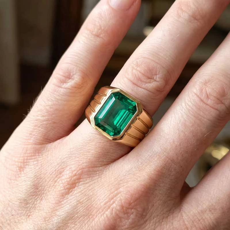 Men's 18K Gold Emerald Bezel Signet Ring Wearing Effect