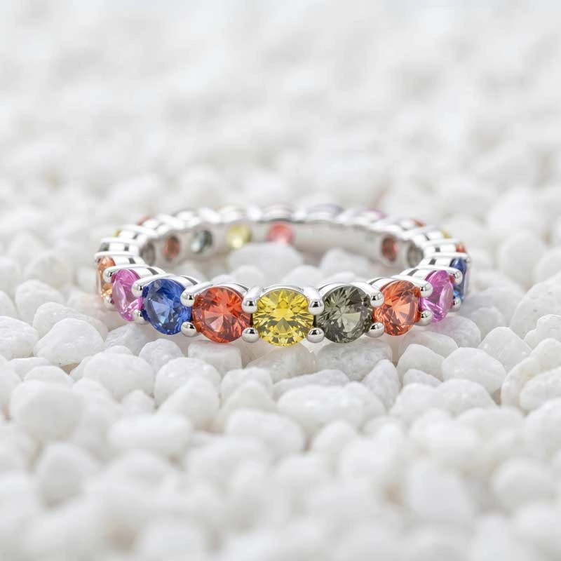 Rainbow Gemstone Full Eternity Band Ring On Pellet Stones