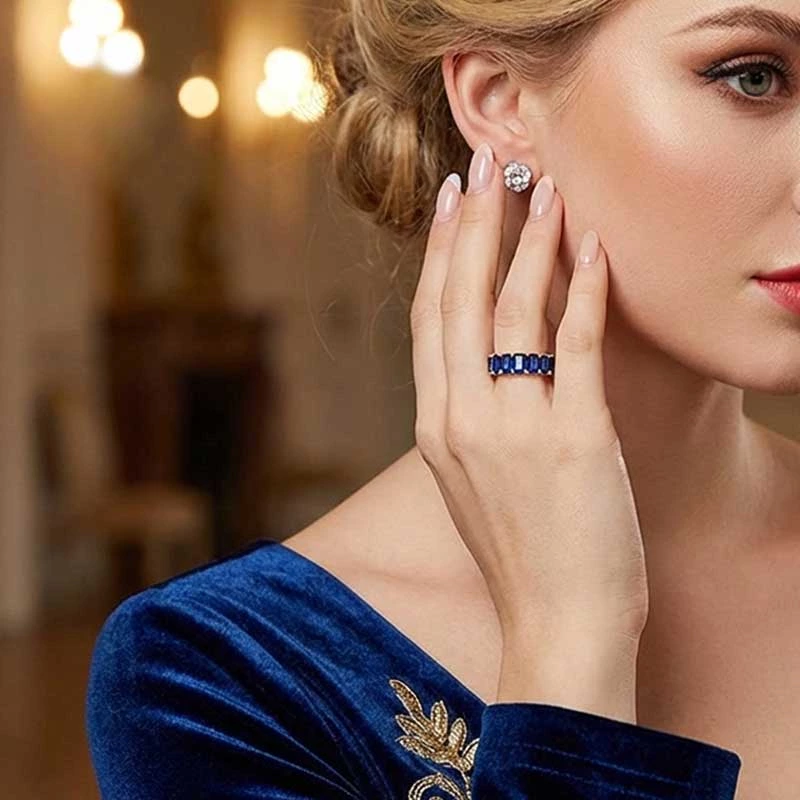 Emerald Cut Blue Sapphire Full Eternity Band Wearing Effect