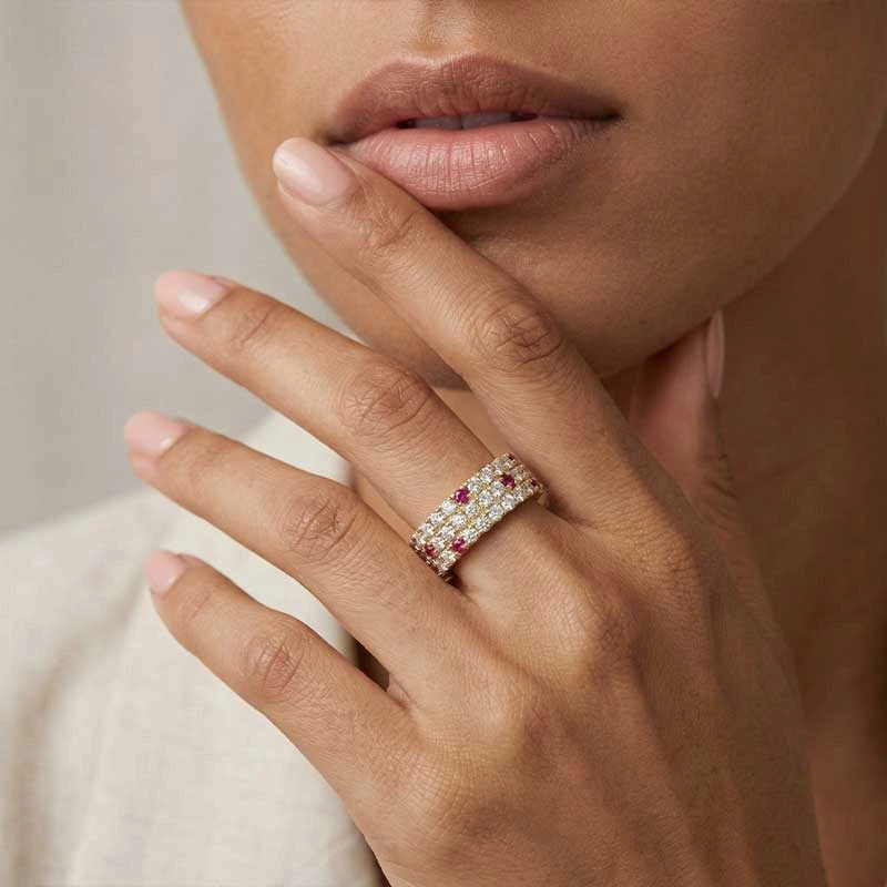 Tri-Row Lab Diamond & Pink Sapphire Band Wearing Effect