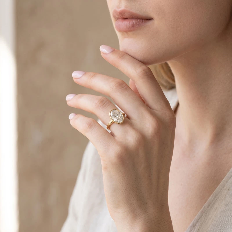 Oval Lab Diamond Bezel Solitaire Engagement Ring Wearing effect