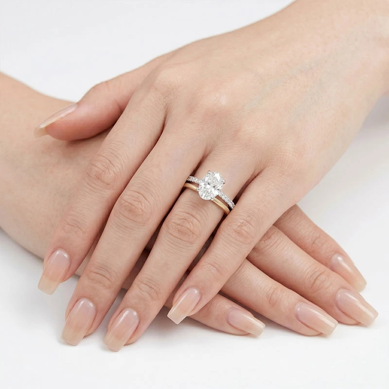 4 Prong Oval Solitaire Lab Diamond Pave Engagement Ring Wearing Effect
