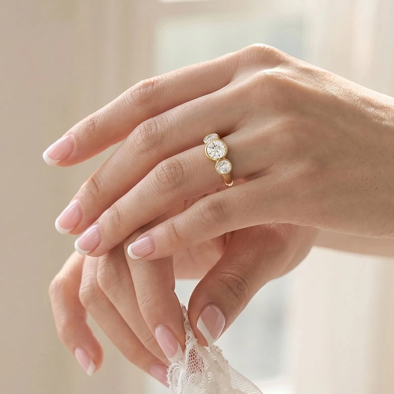 three stone lab diamond band ring wearing effect